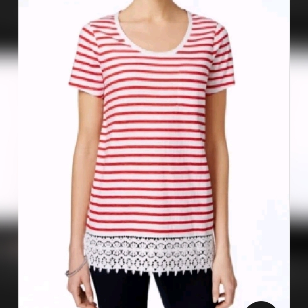 Charter Club Crochet-Hem Tunic Top 1X Women Red White Slit 100% Cotton Light